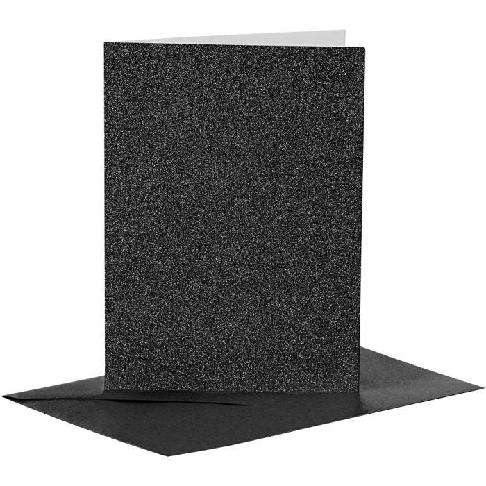 Cartes et enveloppes, dimension carte 10,5x15 cm, dimension enveloppes 11,5x16,5 cm, paillettes, 110+250 gr, noir, 4 set/ 1 Pq.