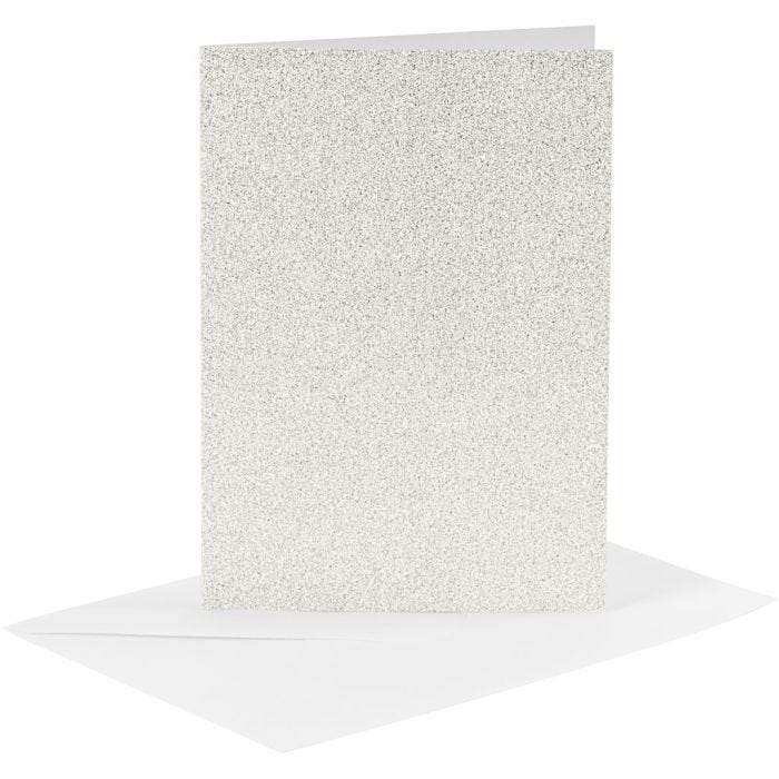 Kaarten en enveloppen, afmeting kaart 10,5x15 cm, afmeting envelop 11,5x16,5 cm, glitter, 120+250 gr, wit, 4 set/ 1 doos