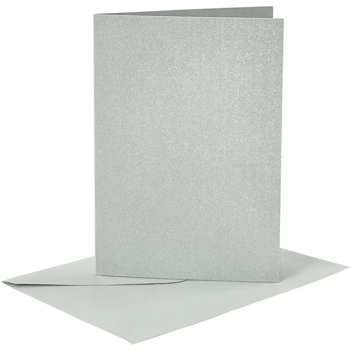 Cartes et enveloppes, dimension carte 10,5x15 cm, dimension enveloppes 11,5x16,5 cm, nacré, 120+210 gr, argent, 4 set/ 1 Pq.
