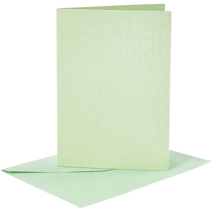 Cartes et enveloppes, dimension carte 10,5x15 cm, dimension enveloppes 11,5x16,5 cm, nacré, 120+210 gr, vert clair, 4 set/ 1 Pq.