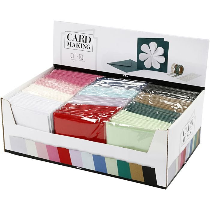 Cartes et enveloppes, dimension carte 15,2x15,2 cm, dimension enveloppes 16x16 cm, 230 gr, ass. de couleurs, 12x10 Pq./ 1 Pq.