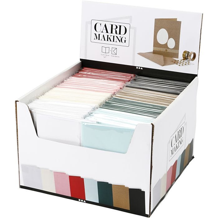 Cartes et enveloppes, dimension carte 12,7x17,8 cm, dimension enveloppes 13,3x18,5 cm, 230 gr, ass. de couleurs, 8x10 Pq./ 1 Pq.