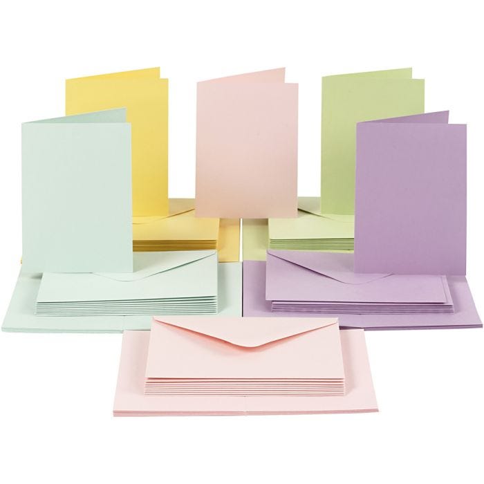 Cartes et enveloppes, dimension carte 10,5x15 cm, dimension enveloppes 11,5x16,5 cm, 110+220 gr, couleurs pastel, 50 set/ 1 Pq.