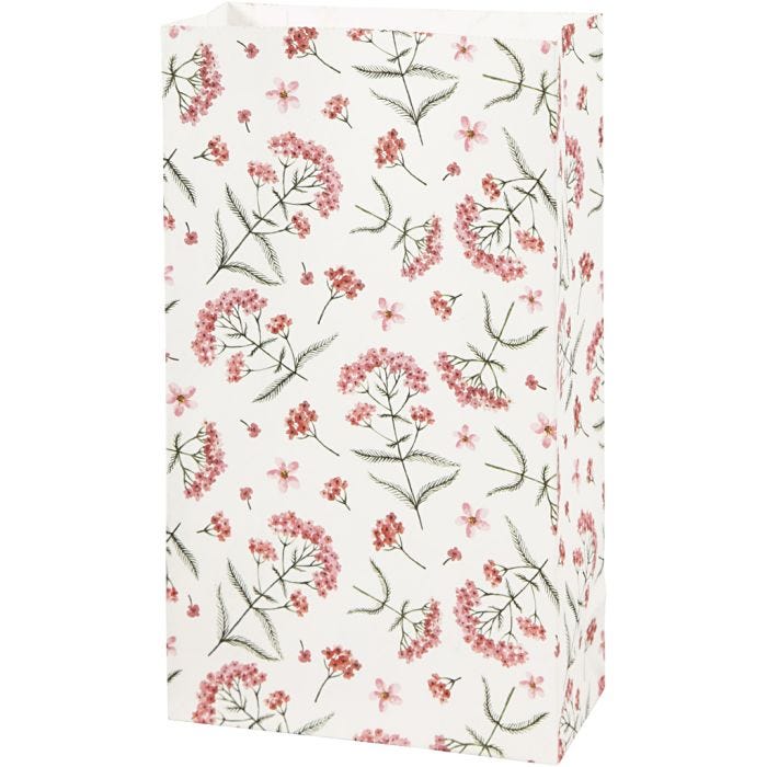 Sac en papier, fleurs, H : 21 cm, dim. 6x12 cm, 80 gr, 8 pièces/ 1 Pq.