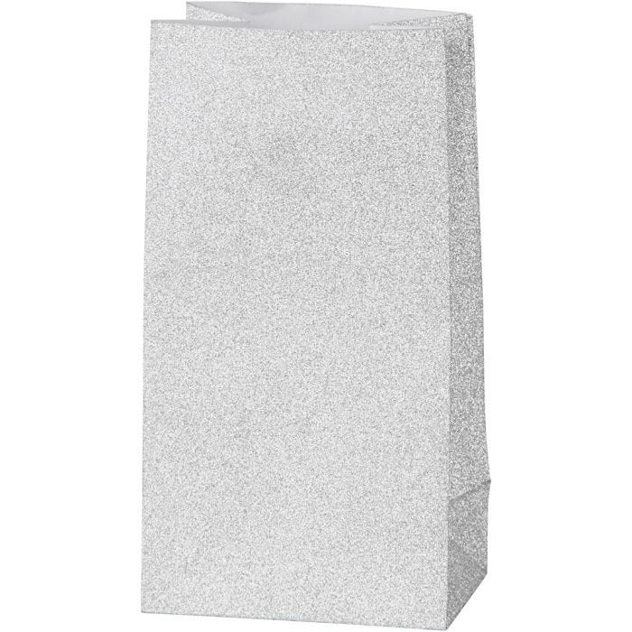 Sac en Papier, H : 17 cm, dim. 6x9 cm, 120 gr, argent, 8 pièces/ 1 Pq.