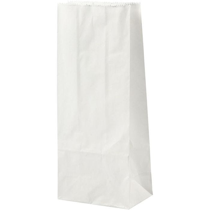 Sac en papier, H : 22 cm, dim. 6,5x9 cm, 46 gr, blanc, 100 pièces/ 1 Pq.