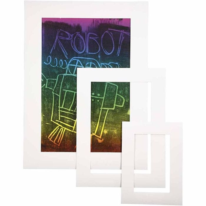 Passe-partout, A3,A4,A5, dim. 17x23 + 25x34 + 35+48 cm, ép. 0,4 mm, 270 gr, blanc, 75 pièces/ 1 Pq.