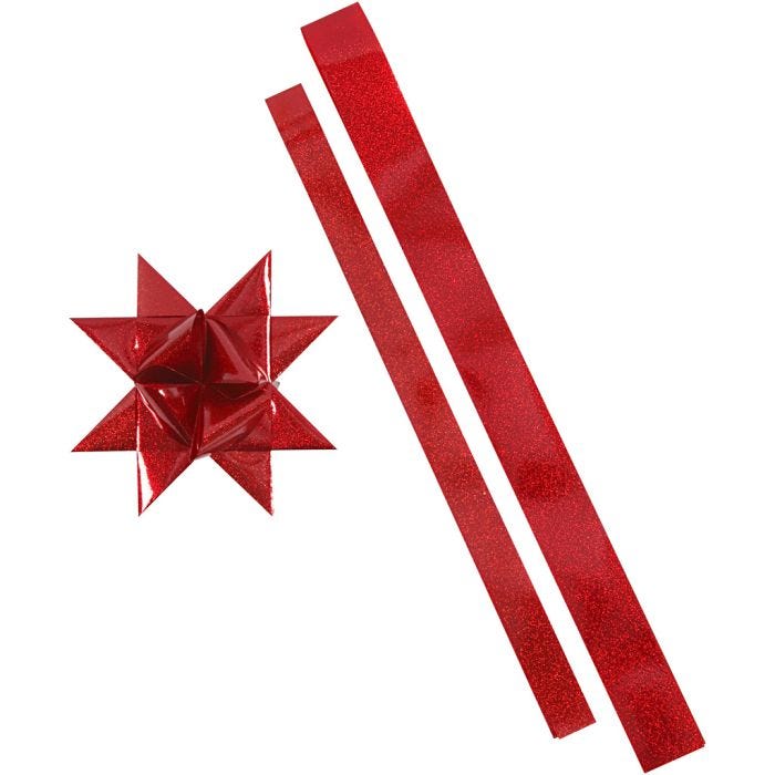 Bandes de papier étoiles, L : 86+100 cm, d 11,5+18,5 cm, L : 25+40 mm, rouge, glitter rouge, 16 bandes/ 1 Pq.
