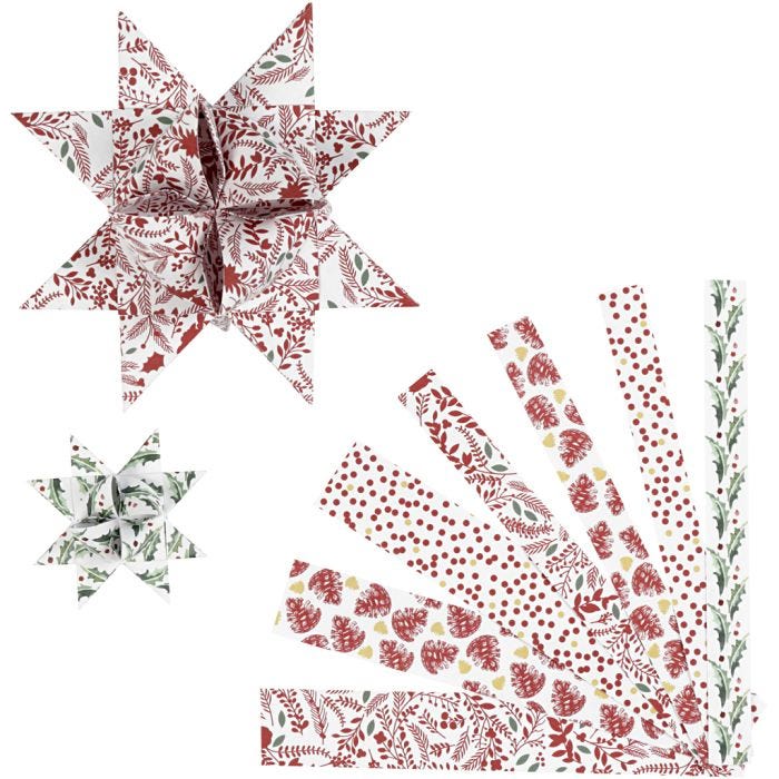 Bandes de papier étoiles, L : 44+78 cm, d 6,5+11,5 cm, L : 15+25 mm, rouge, blanc, 48 bandes/ 1 Pq.