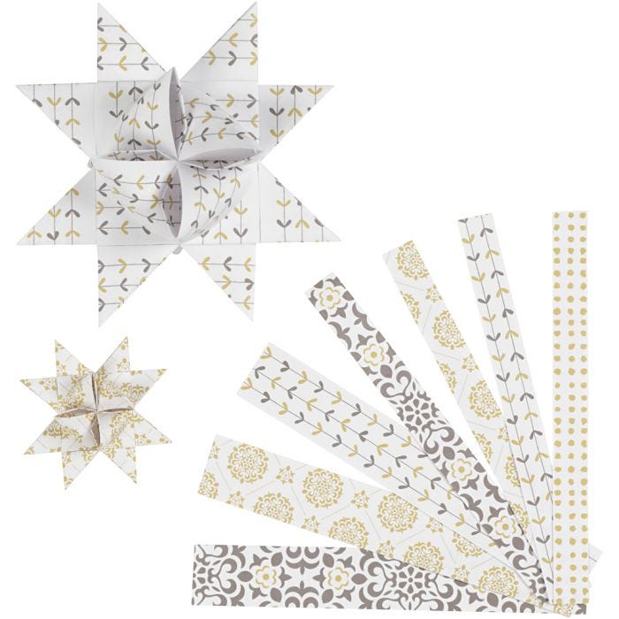 Bandes de papier étoiles, L : 44+78 cm, d 6,5+11,5 cm, L : 15+25 mm, or, blanc, 48 bandes/ 1 Pq.