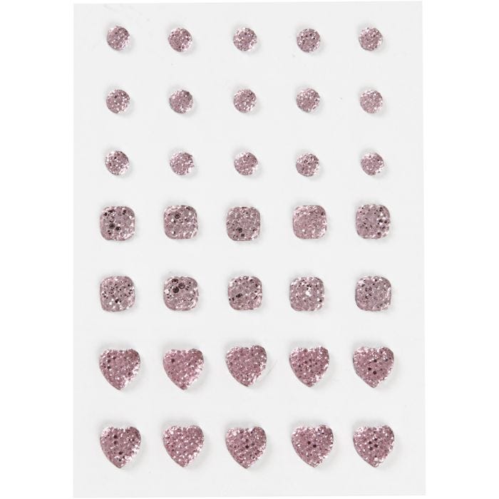 Pierres de strass, rond, carré, coeur, dim. 6+8+10 mm, rose, 35 pièces/ 1 Pq.