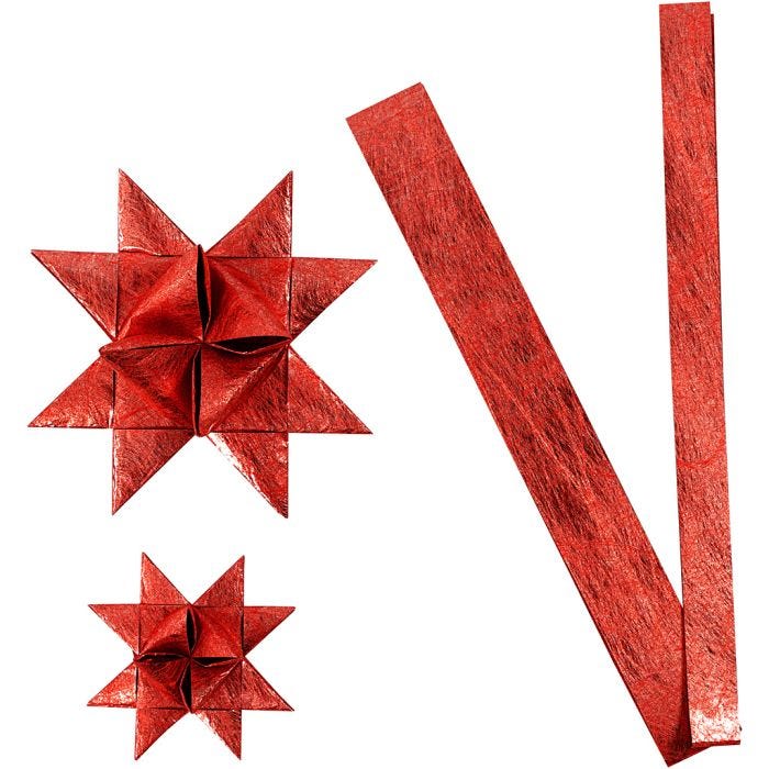 Bandes de papier étoiles, L : 44+78 cm, L : 15+25 mm, d 6,5+11,5 cm, rouge, 32 bandes/ 1 Pq.