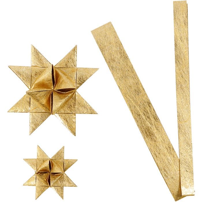 Bandes de papier étoiles, L : 44+78 cm, d 6,5+11,5 cm, L : 15+25 mm, or, 32 bandes/ 1 Pq.