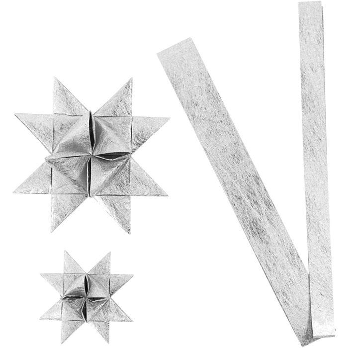 Bandes de papier étoiles, L : 44+78 cm, d 6,5+11,5 cm, L : 15+25 mm, argent, 32 bandes/ 1 Pq.