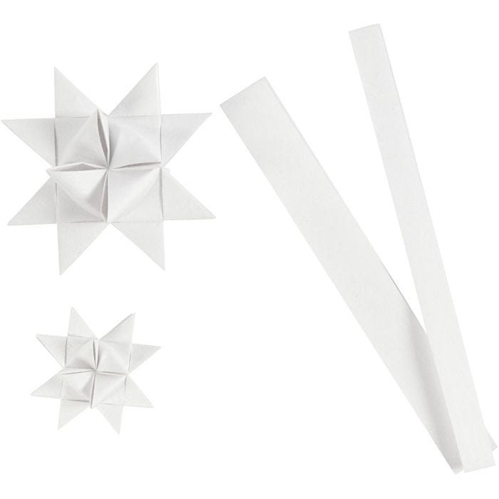Bandes de papier étoiles, L : 44+78 cm, L : 15+25 mm, d 6,5+11,5 cm, blanc, 32 bandes/ 1 Pq.