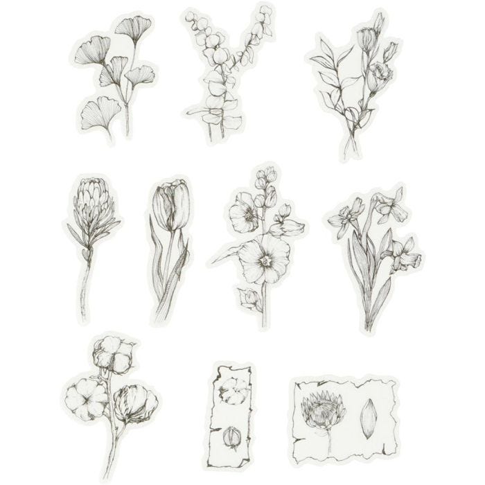 Autocollants en ruban adhésif de masquage, fleurs blanc/noir, dim. 30-50 mm, 30 pièces/ 1 Pq.