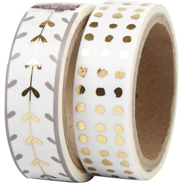 Ruban adhésif Washi Tape, coeurs et points - film, L : 15 mm, or, blanc, 2x4 m/ 1 Pq.