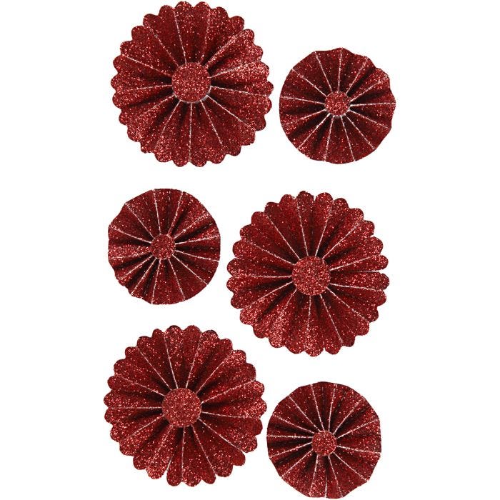 Rosettes en papier, d 35+50 mm, glitter rouge, 6 pièces/ 1 Pq.