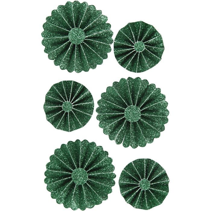 Rosettes en papier, d 35+50 mm, glitter vert, 6 pièces/ 1 Pq.