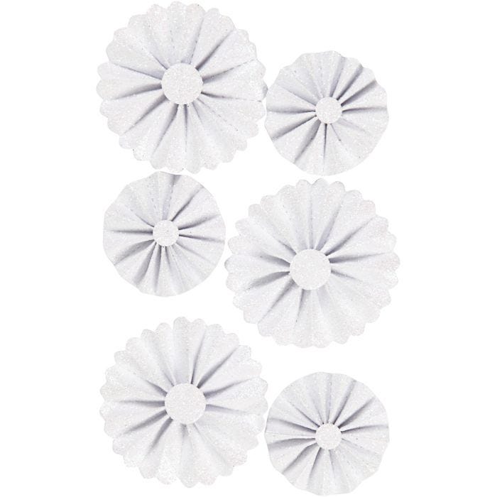 Rosettes en papier, d 35+50 mm, glitter blanc, 6 pièces/ 1 Pq.
