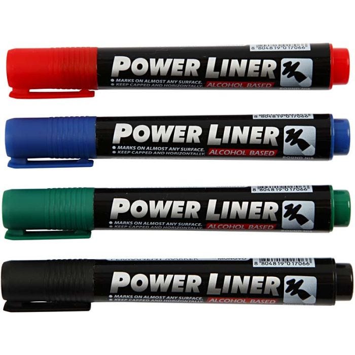 Power Liner, trait 1,5-3 mm, noir, bleu, vert, rouge, 4 pièces/ 1 Pq.