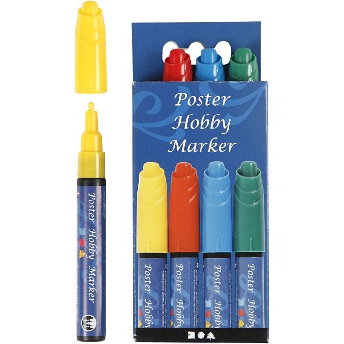 Poster Hobby Marker, trait 3 mm, bleu, vert, rouge, jaune, 4 pièces/ 1 Pq.