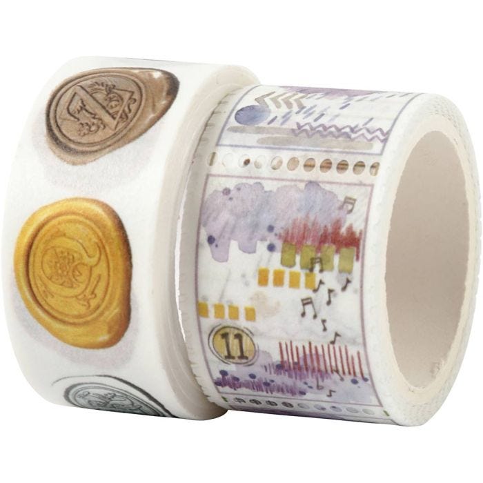 Ruban adhésif Washi Tape, Motif escargot et paysage, L : 3+5 M, L : 20+25 mm, 2 rouleau/ 1 Pq.