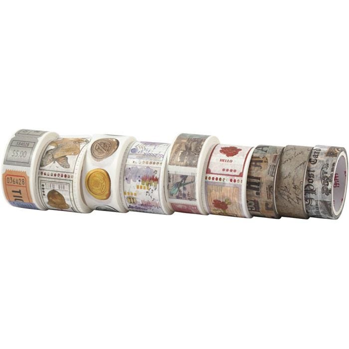 Ruban adhésif Washi Tape, L : 3+5 M, L : 15+25 mm, 9 rouleau/ 1 Pq.