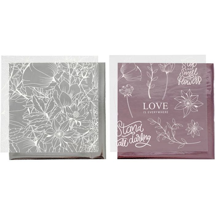 Film décoratif et feuille de papier transfert, fleurs, feuille 15x15 cm, rose, argent, 4 flles/ 1 Pq.