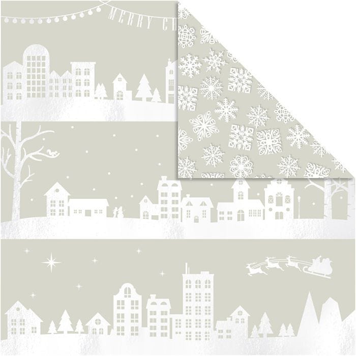 Papier design, maisons et flocons de neige, feuille 30,5x30,5 cm, 180 gr, 3 flles/ 1 Pq.