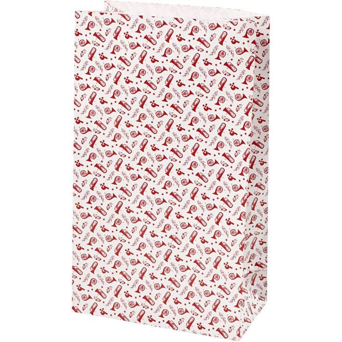 Sac en papier, trompette, H : 21 cm, dim. 6x12 cm, 80 gr, rouge, blanc, 8 pièces/ 1 Pq.