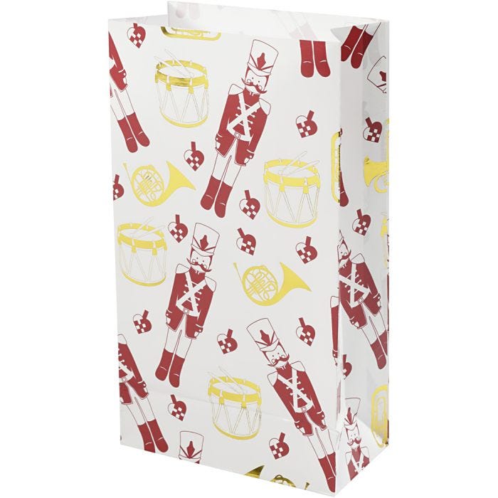 Sac en papier, casse-noisette, H : 21 cm, dim. 6x12 cm, or, rouge, blanc, 8 pièces/ 1 Pq.