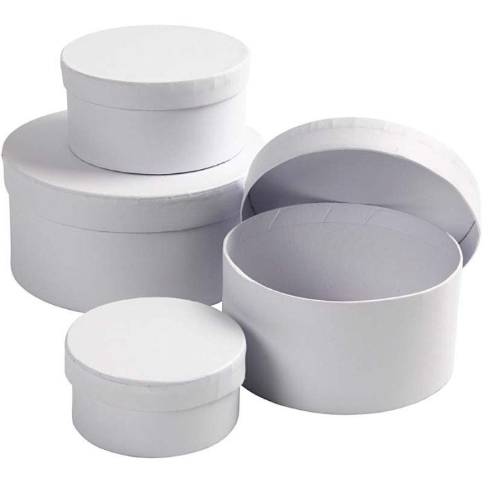 Boîtes Rondes, H : 4+5+6+7 cm, d 8+10+12+14 cm, blanc, 4 pièces/ 1 set