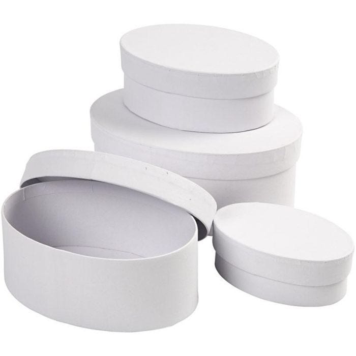 Boîtes Ovales, H : 4+5+6+7 cm, L : 10+12+14+16 cm, blanc, 4 pièces/ 1 set