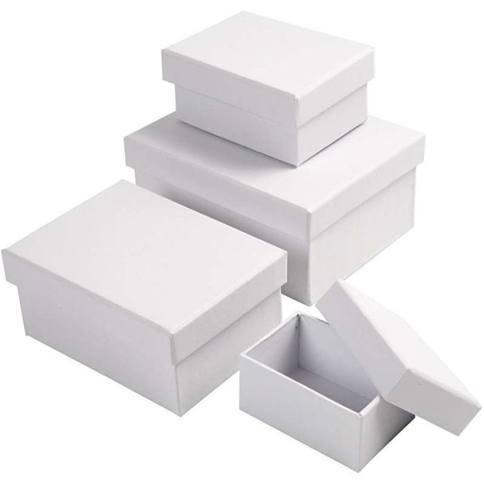Boîtes Rectangulaires, H : 3,5+4,5+5,5+6,5 cm, dim. 8,5x11,5+11x14 cm, blanc, 4 pièces/ 1 set