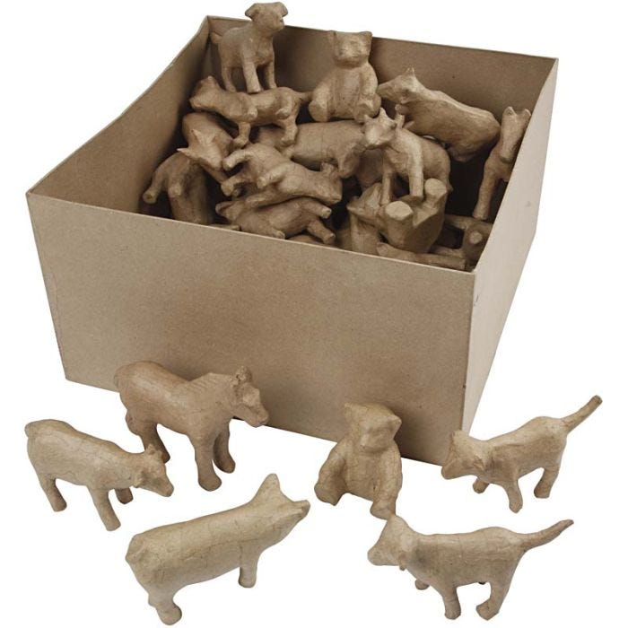 Animaux en papier mâché, H : 8-12 cm, 60 pièces/ 1 Pq.