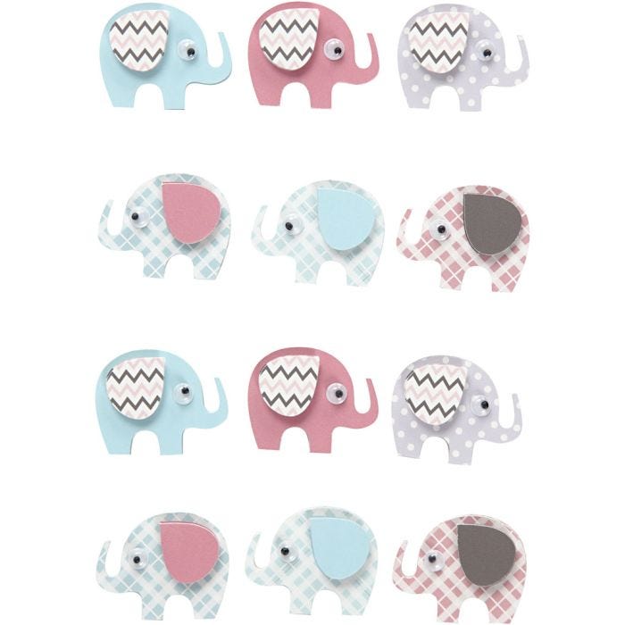Autocollants 3D, éléphants, H : 25 mm, L : 31 mm, ép. 7 mm, 12 pièces/ 1 Pq.