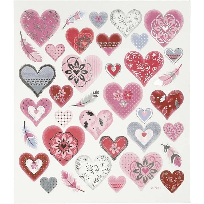 Autocollants, coeurs, feuille 15x16,5 cm, 1 flles