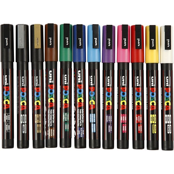 Feutre Posca, dim. PC-3M, trait 0,9-1,3 mm, fin, ass. de couleurs, 12 pièces/ 1 Pq.