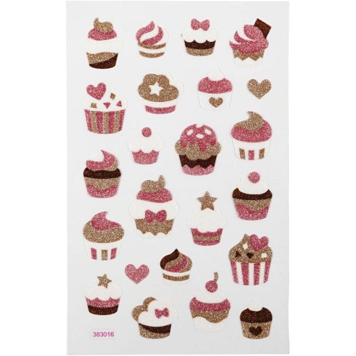 Autocollants à paillettes, muffins, feuille 10x16 cm, 1 flles