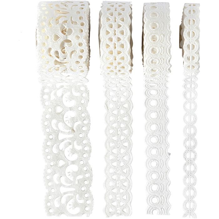 Ruban dentelle, L : 8-23 mm, blanc, 4x2 m/ 1 Pq.