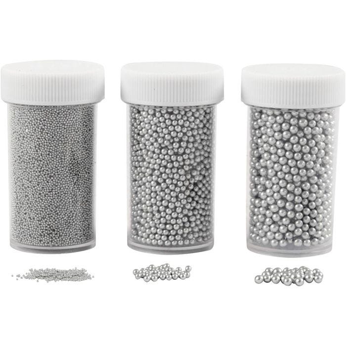 Mini Perles de Verre, dim. 0,6-0,8+1,5-2+3 mm, argent, 3x45 gr/ 1 Pq.