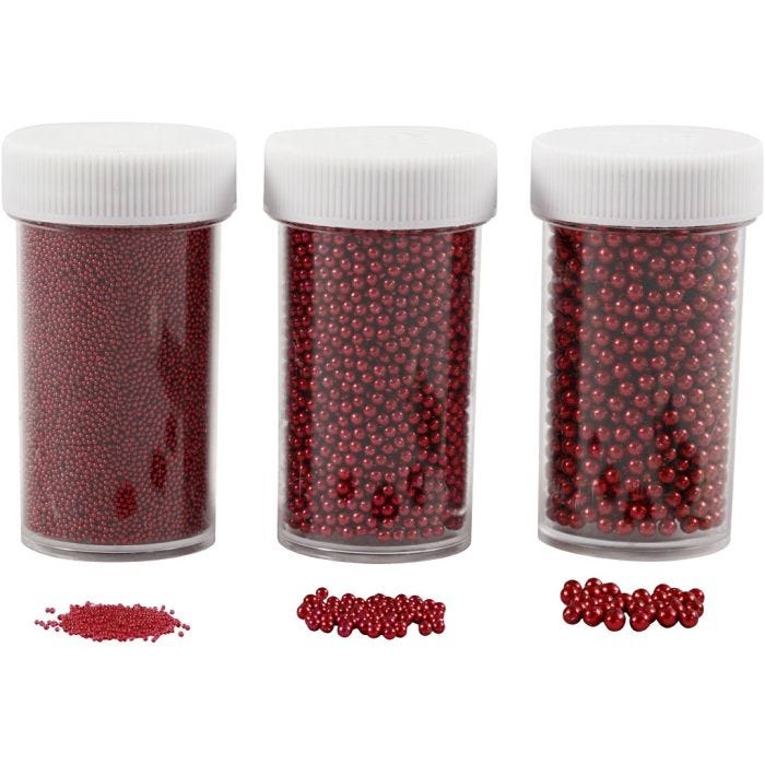 Mini Perles de Verre, dim. 0,6-0,8+1,5-2+3 mm, rouge, 3x45 gr/ 1 Pq.