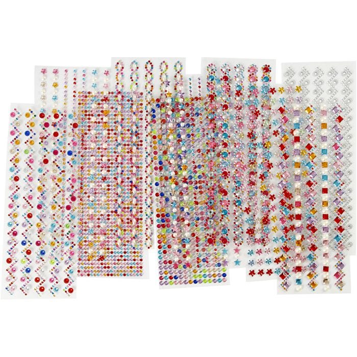 Pierres de strass, d 2-10 mm, feuille 27x9 cm, Le contenu peut varier , 12 flles ass./ 1 Pq.