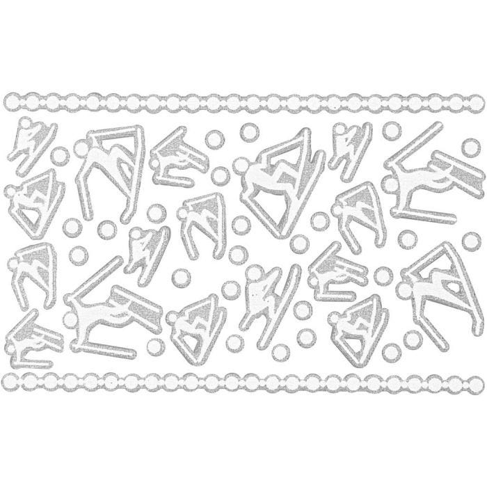 Autocollants en mousse, skieurs, feuille 9x14 cm, dim. 5-30 mm, blanc, 1 flles