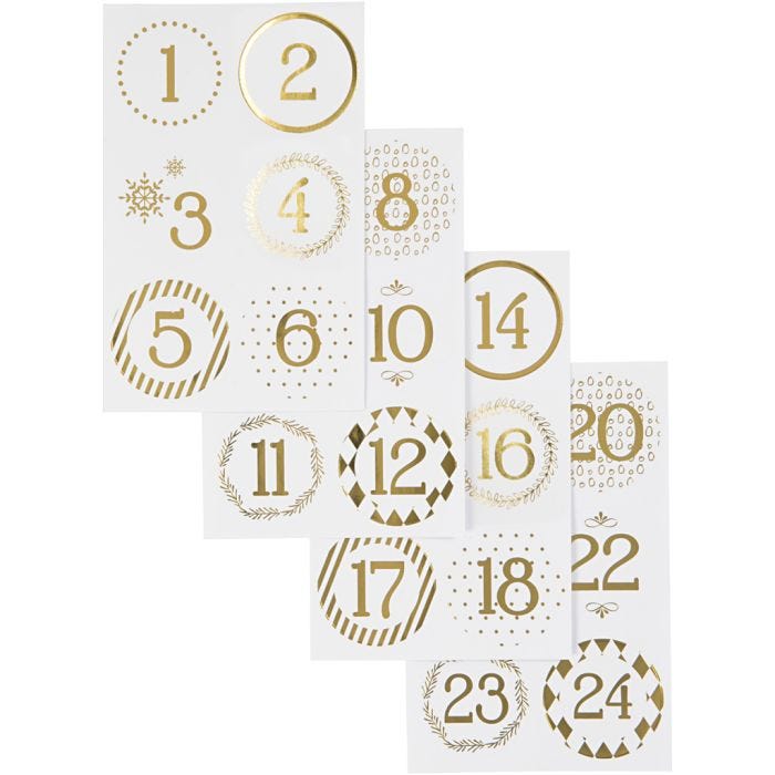 Chiffres autocollant de calendrier de l'Avent, d 40 mm, feuille 9x14 cm, or, blanc, 4 flles/ 1 Pq.