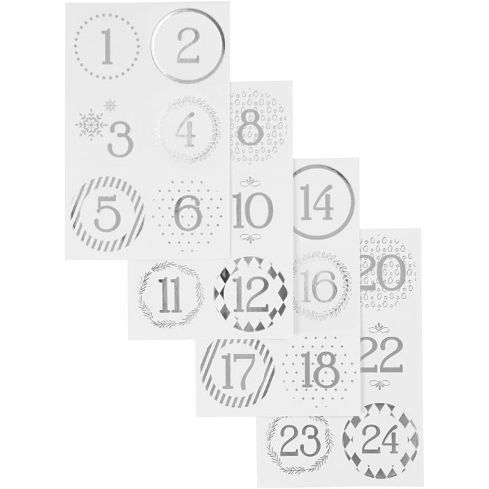 Chiffres autocollant de calendrier de l'Avent, d 40 mm, feuille 9x14 cm, argent, blanc, 4 flles/ 1 Pq.