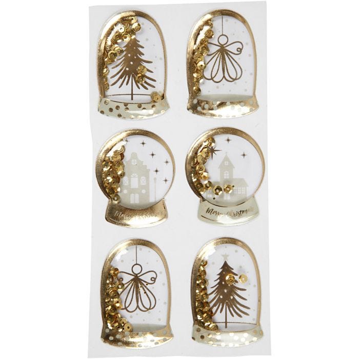 Autocollants à secouer, ange, arbre et maisons, dim. 49x32+45x36 mm, or, 6 pièces/ 1 Pq.