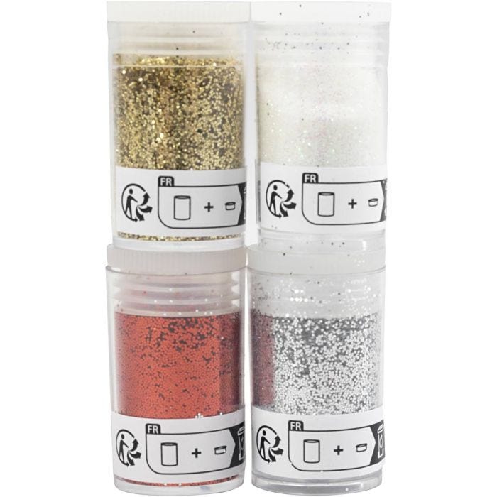 Glitter en Pailletten, goud, rood, zilver, wit, 4x5 gr/ 1 doos