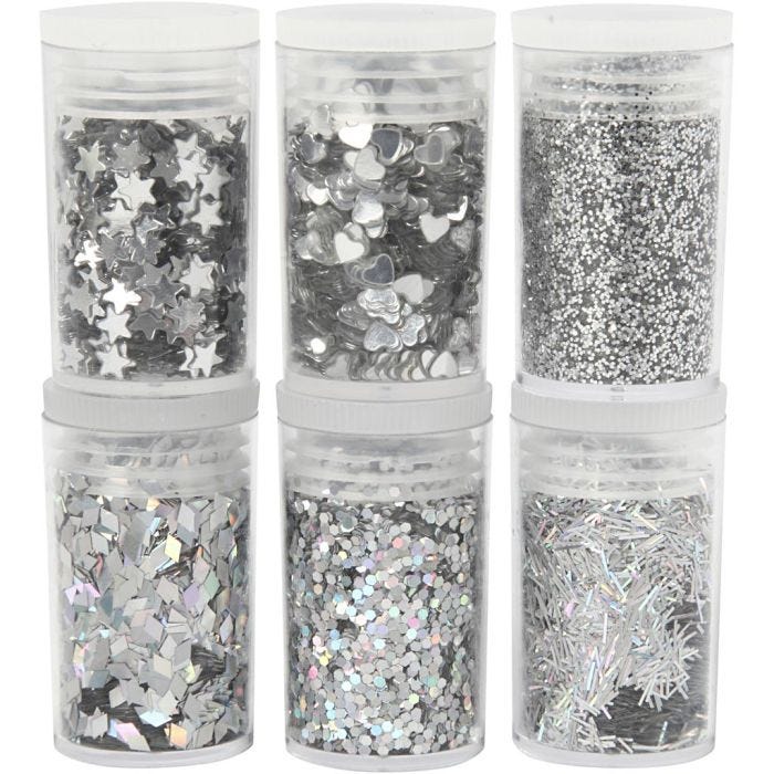 Paillettes &amp; sequins biodégradables, argent, 6x7 ml/ 1 Pq.